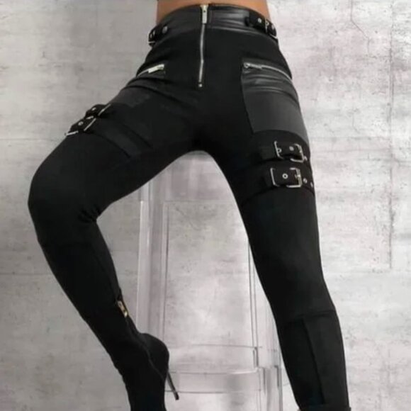 Maniere De Voir Cyberpunk Faux Suede Buckle Straps Leggings Pants UK 6 US 2 - Picture 1 of 16